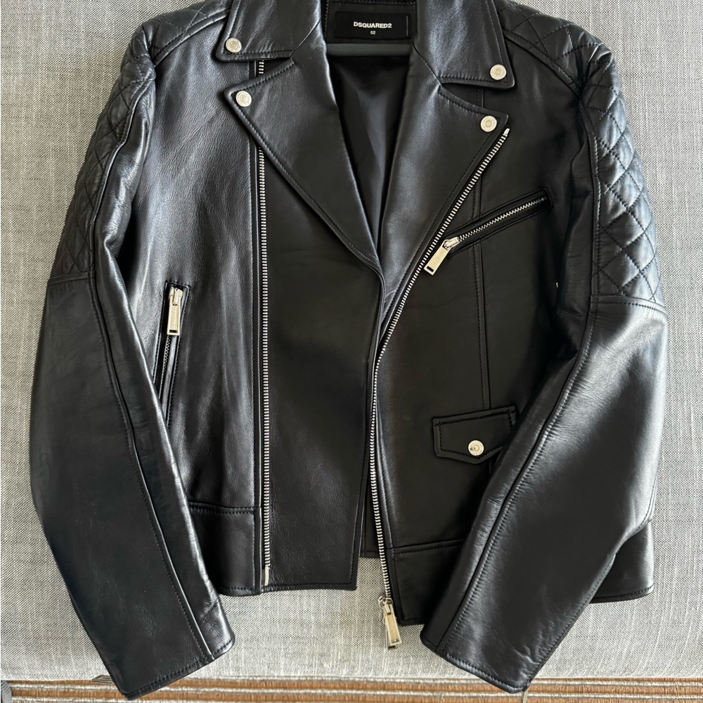 Dsquared2 Black Leather Print Biker Jacket Size 52 - Picture 9 of 15